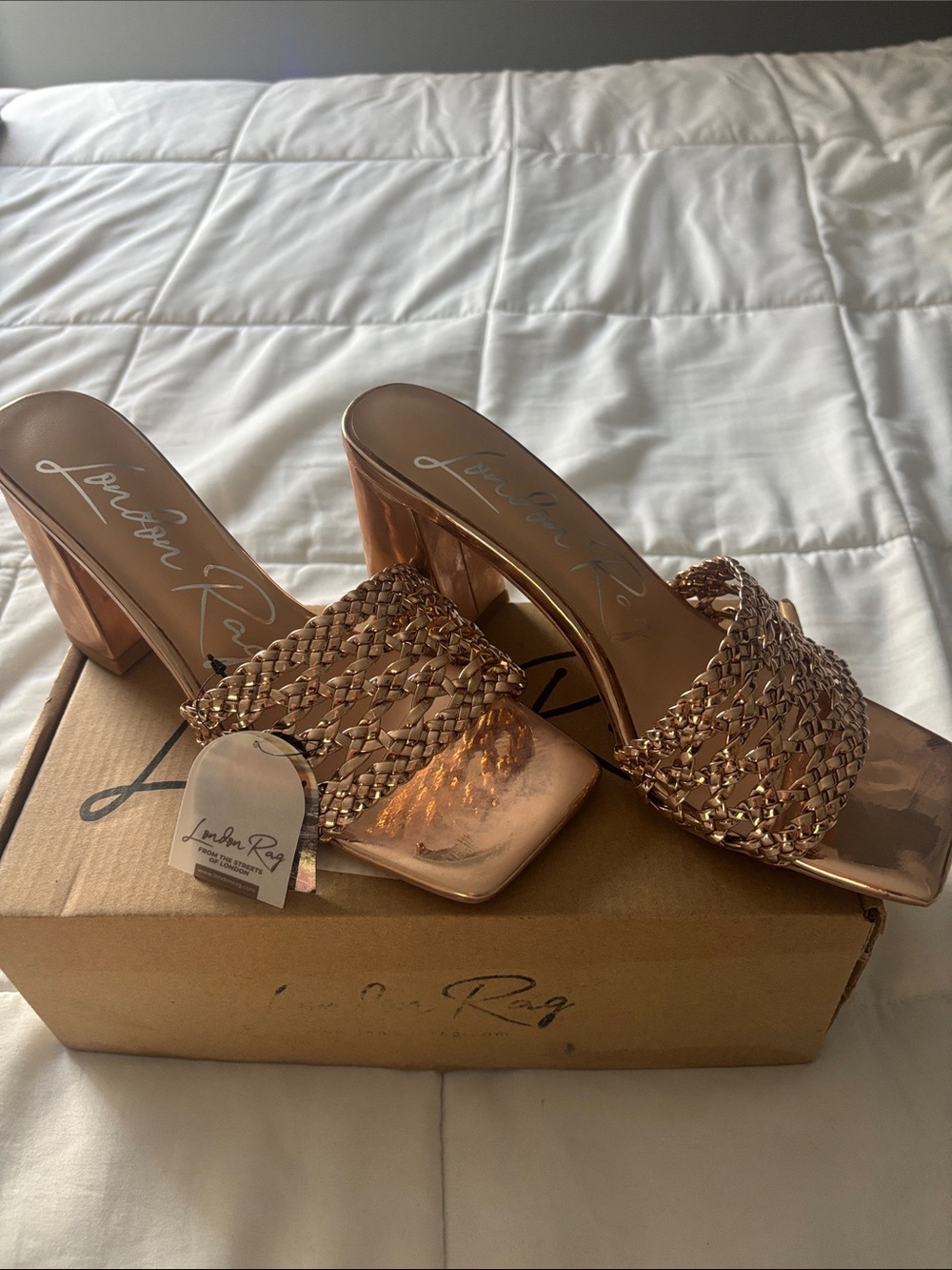Lemon Rag Rose Gold Woven Block Heel Mule